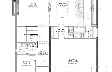 Floor plan of custom home with living room, kitchen, pantry, dining room, office, mudroom and garage