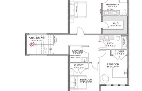 Floorplan of second level of custom home with 3 bedrooms, 2 bathrooms and laundry room