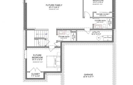 Custom Home, Floorplan of Basement with 2 bedrooms, 2 bathrooms, utility and Family room