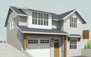 Rendering of new custom carriage house, 1 bed room, 2 bath rooms , side view